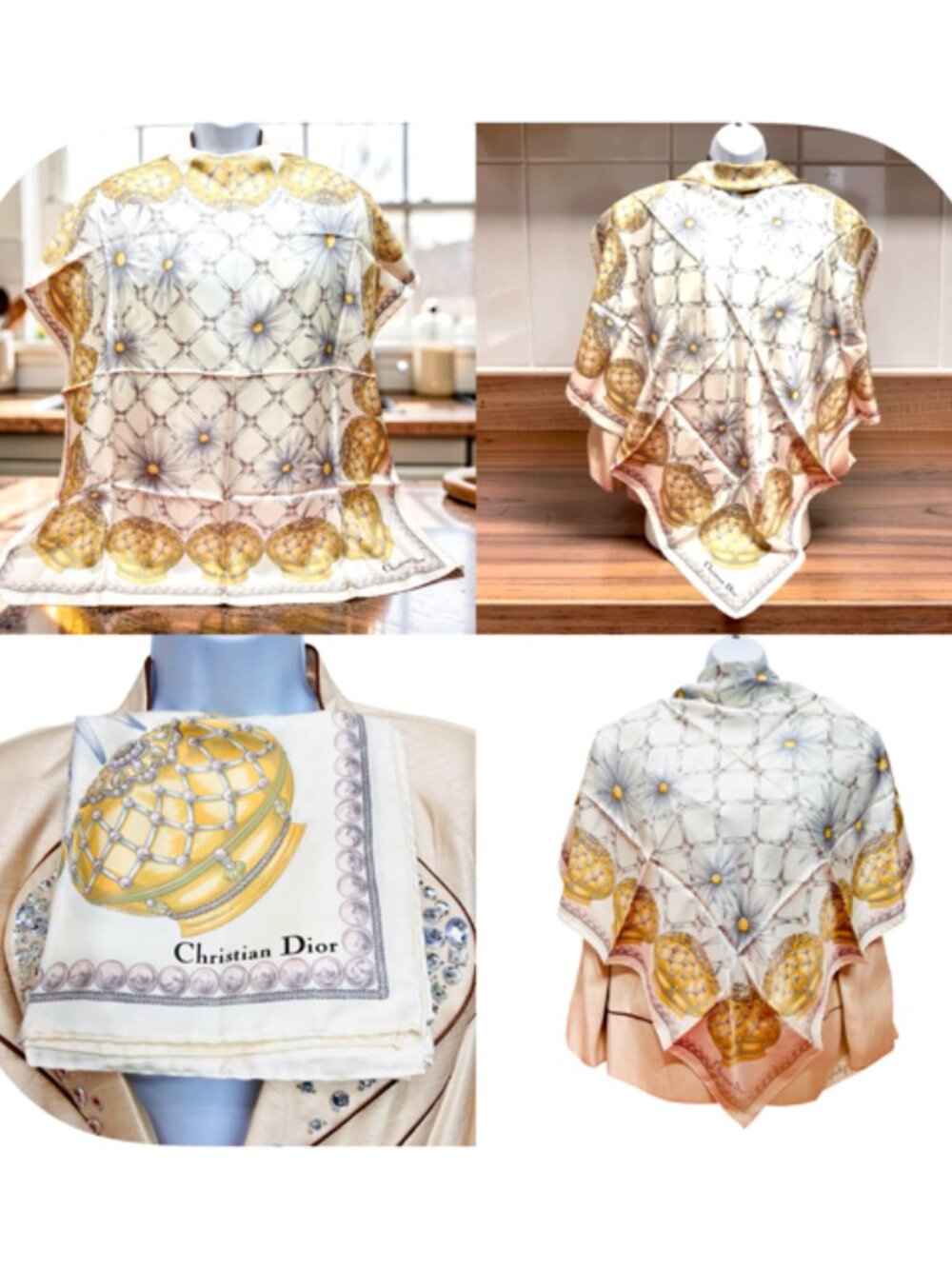 Beautiful Christian Dior 100% Silk Satin Scarf 34"Sand beige gold ceramic (32 - Picture 9 of 16